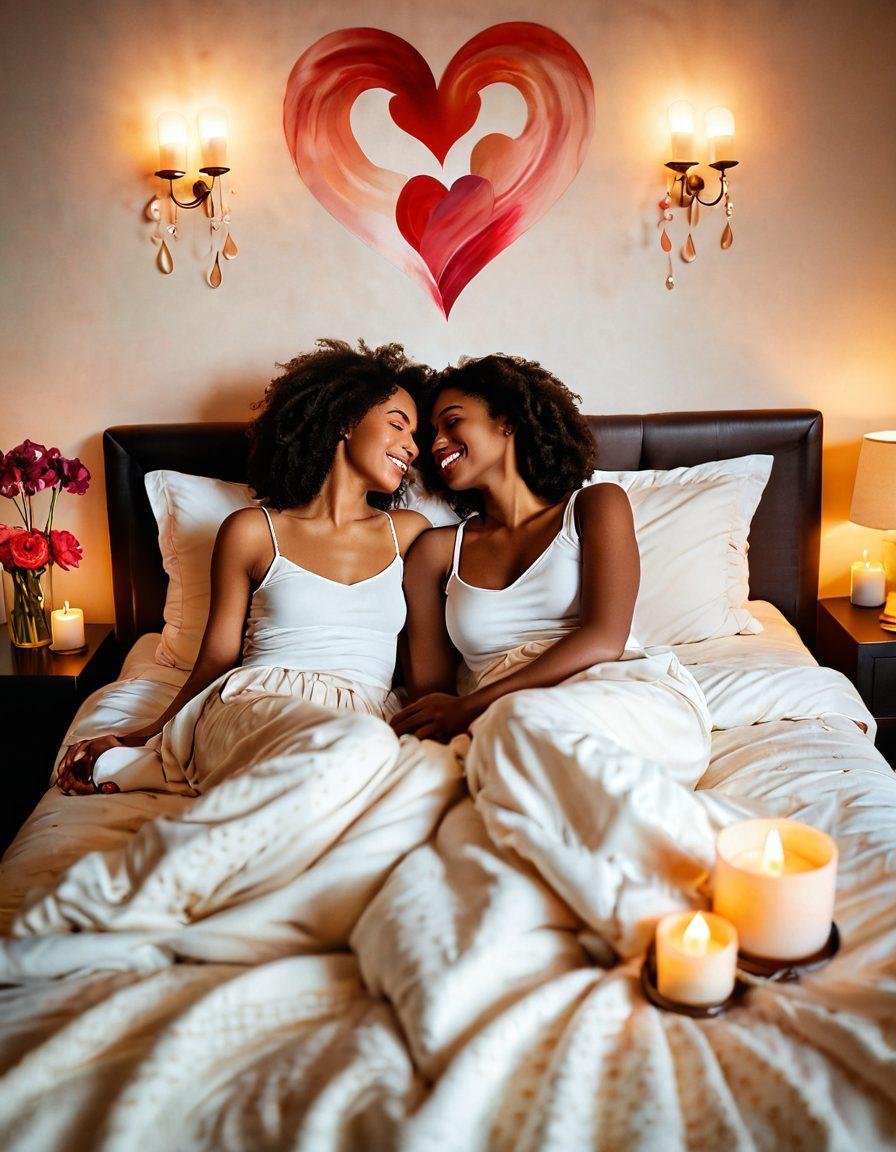 A warm, inviting scene of a cozy bedroom with soft, romantic lighting. A couple is seated on a plush bed, sharing laughter and creating a playful atmosphere filled with vibrant colors and soft textures. Include elements like candles, flowers, and intimate details that evoke a sense of closeness and joy. The background subtly features a heart-shaped pattern, symbolizing love and intimacy. super-realistic. warm tones. soft focus.
